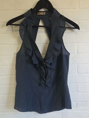 Navy Ruffle V-Neck Sleeveless Tank